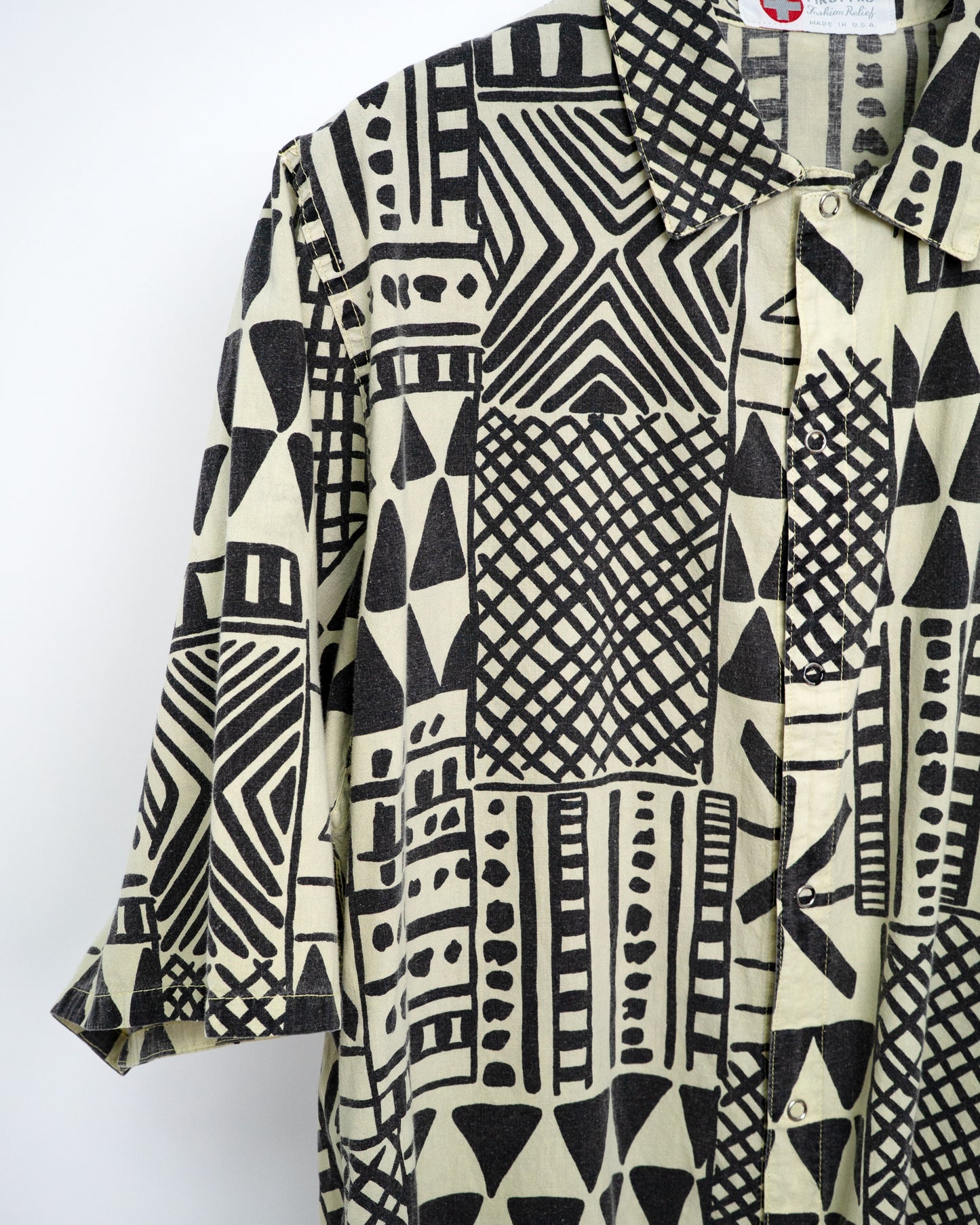 90s "Urban Tribal" Geometric Print Open Collar Shirt