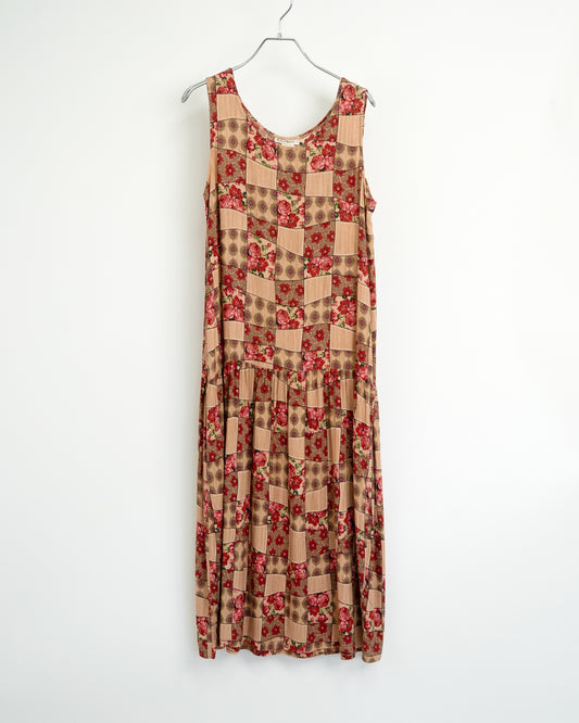 80s-90s Patchwork-Print Floral Rayon Maxi Dress