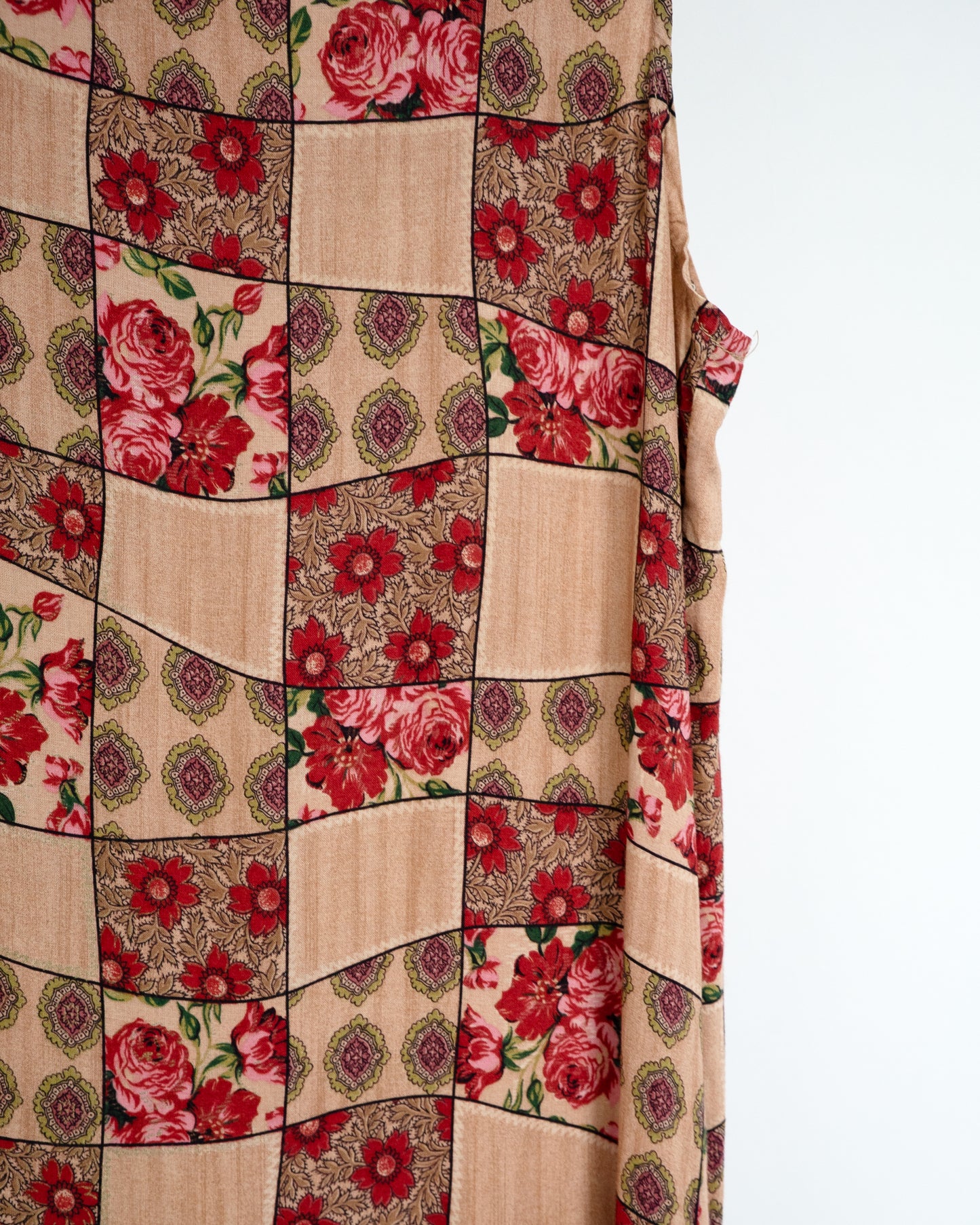 80s-90s Patchwork-Print Floral Rayon Maxi Dress