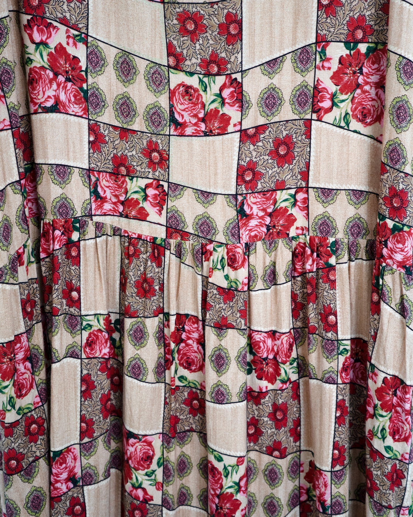 80s-90s Patchwork-Print Floral Rayon Maxi Dress