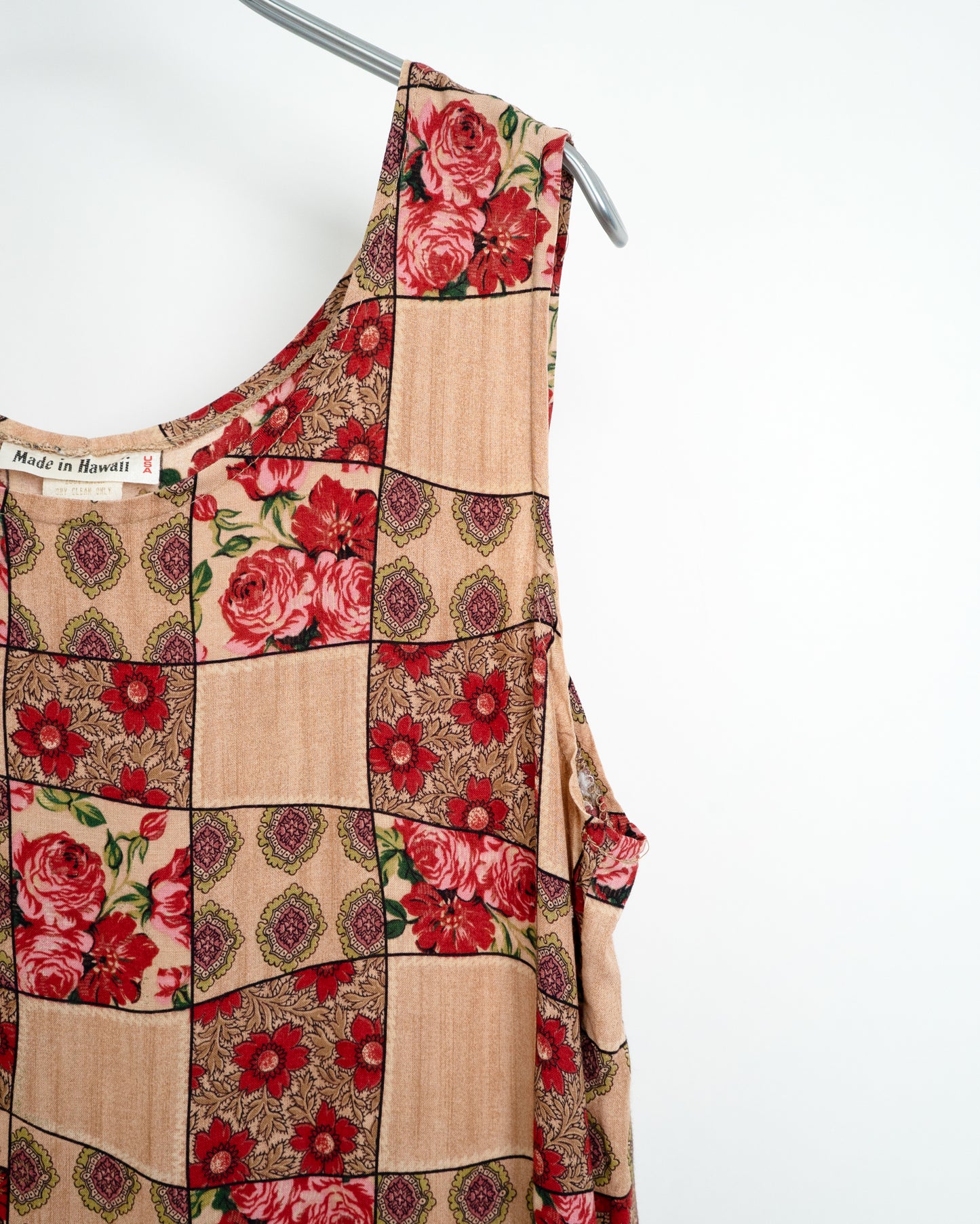 80s-90s Patchwork-Print Floral Rayon Maxi Dress