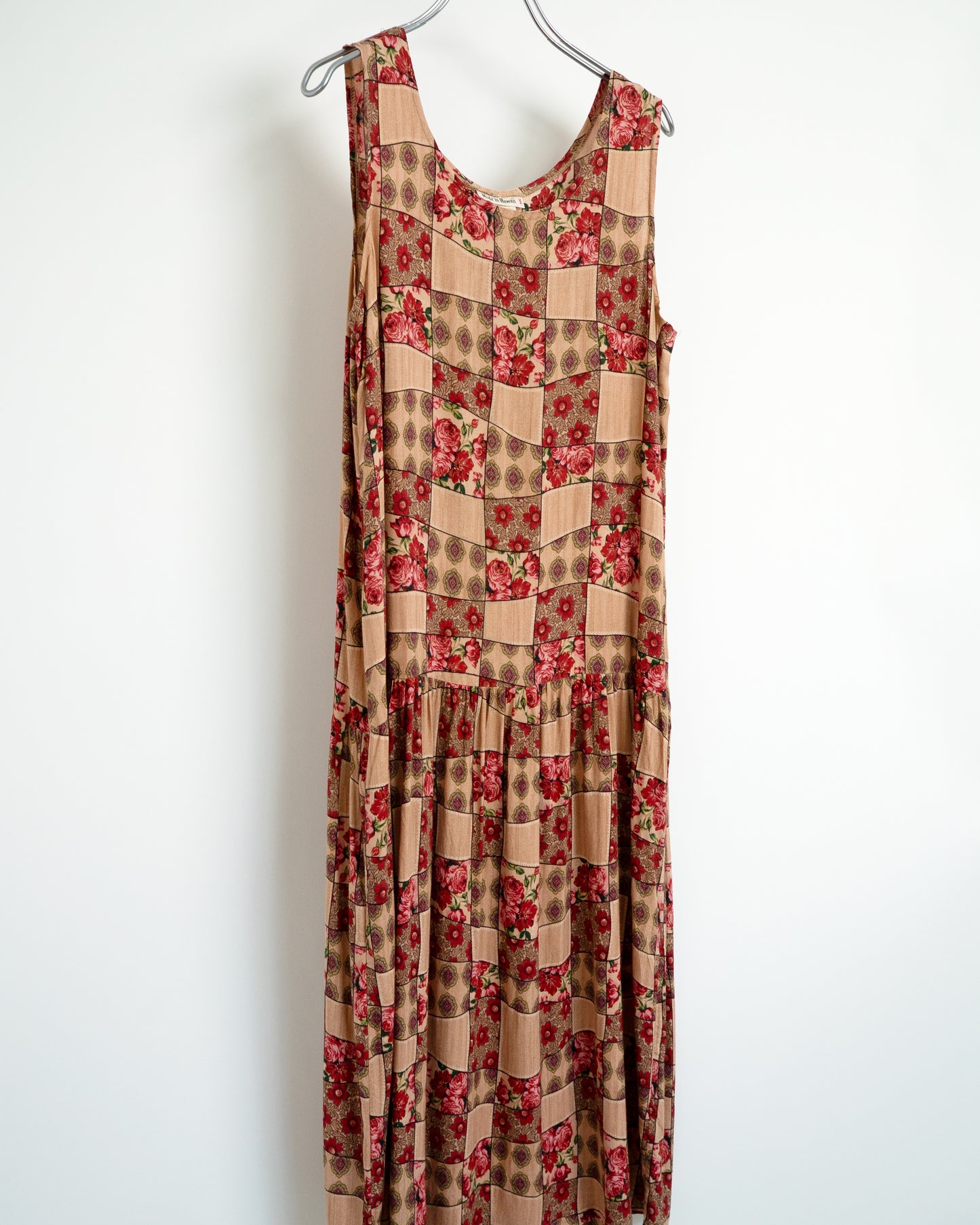 80s-90s Patchwork-Print Floral Rayon Maxi Dress