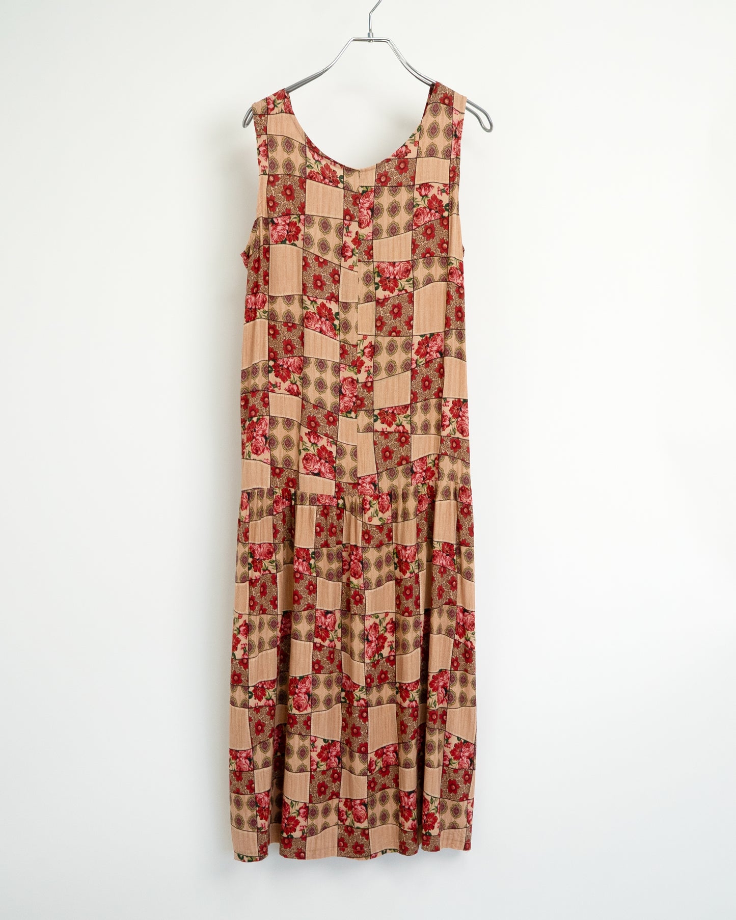 80s-90s Patchwork-Print Floral Rayon Maxi Dress