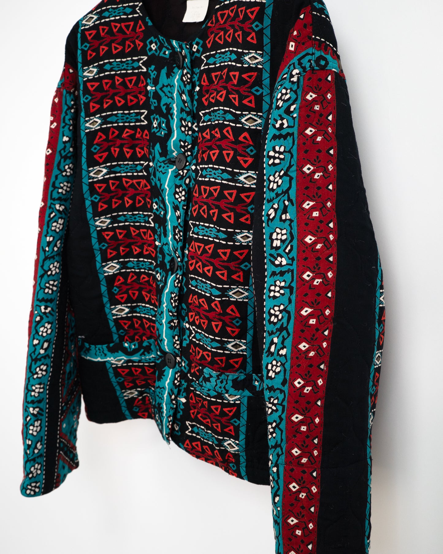 Quilted Multi-Pattern No-Collar Jacket