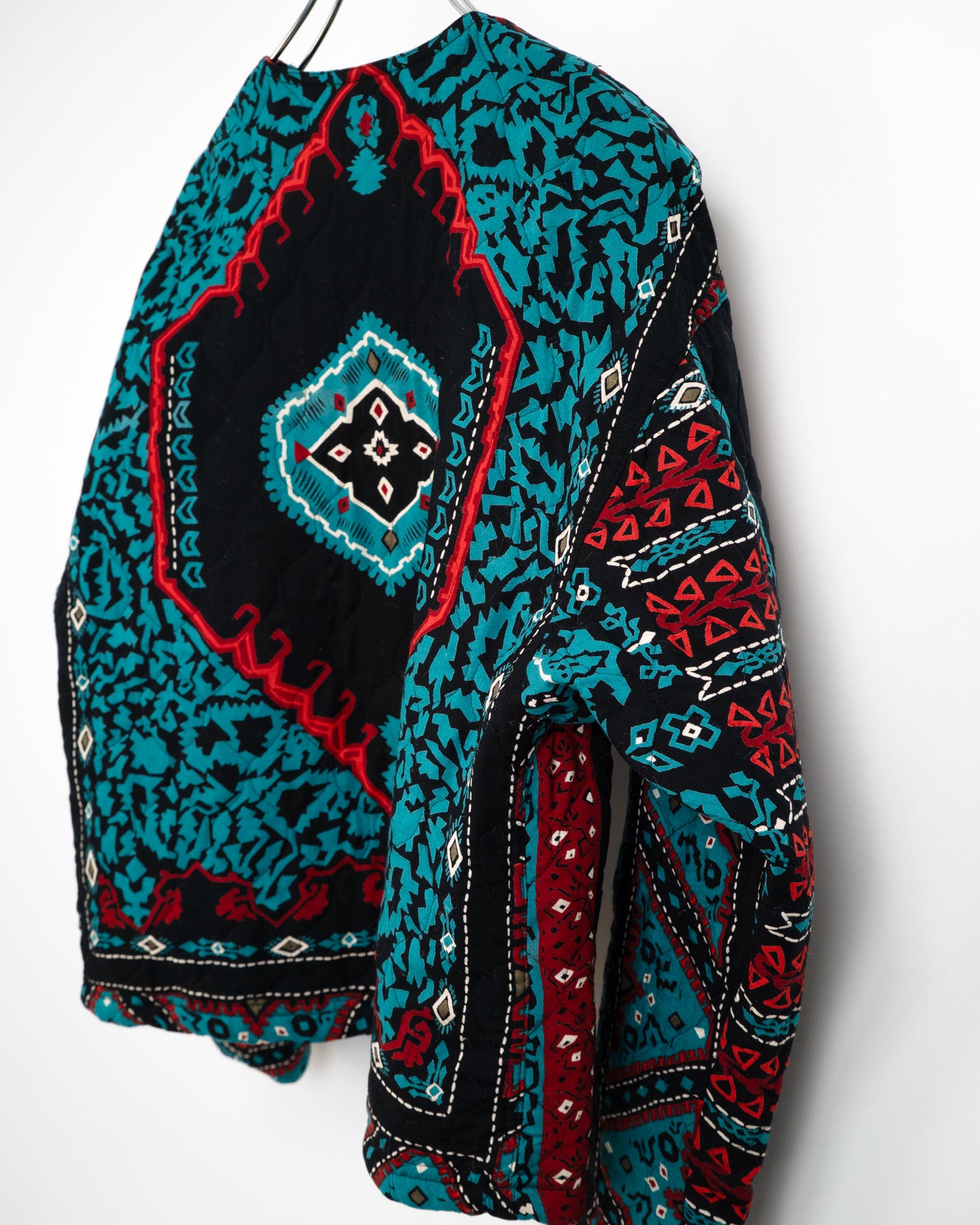 Quilted Multi-Pattern No-Collar Jacket